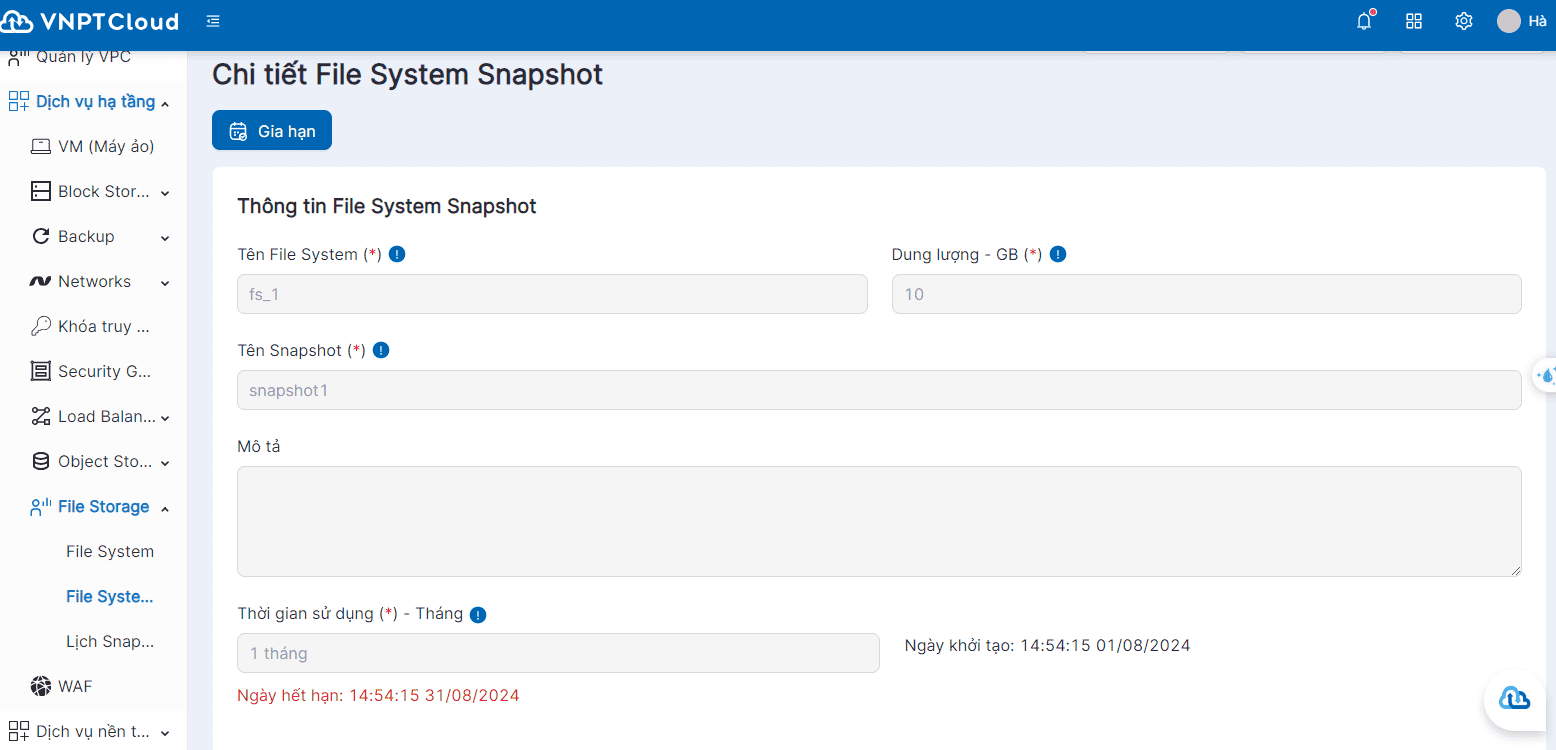 Xem chi tiết File System Snapshot | Tài liệu VNPT Cloud
