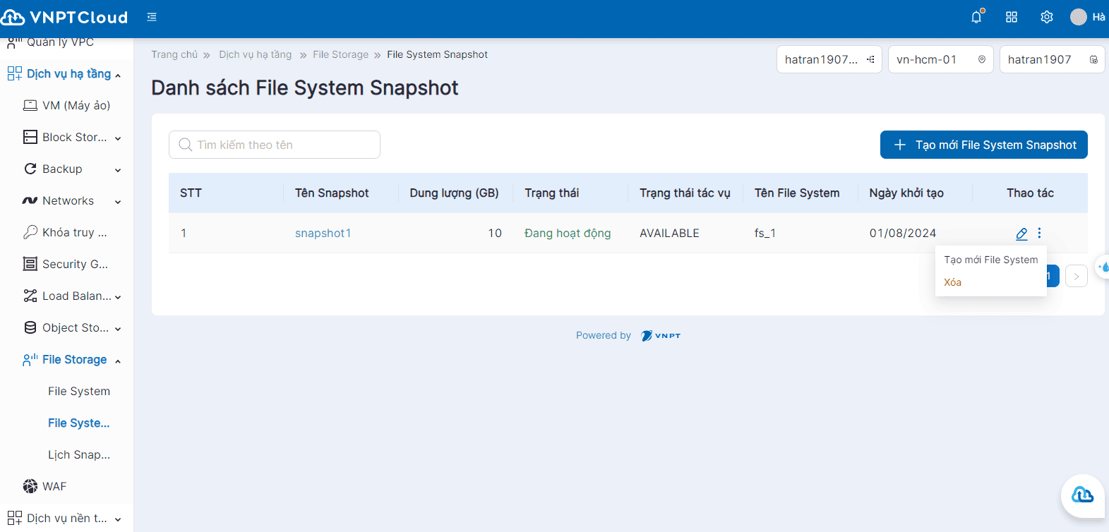 Tạo File System từ Snapshot dự án VPC mặc định | Tài liệu VNPT Cloud