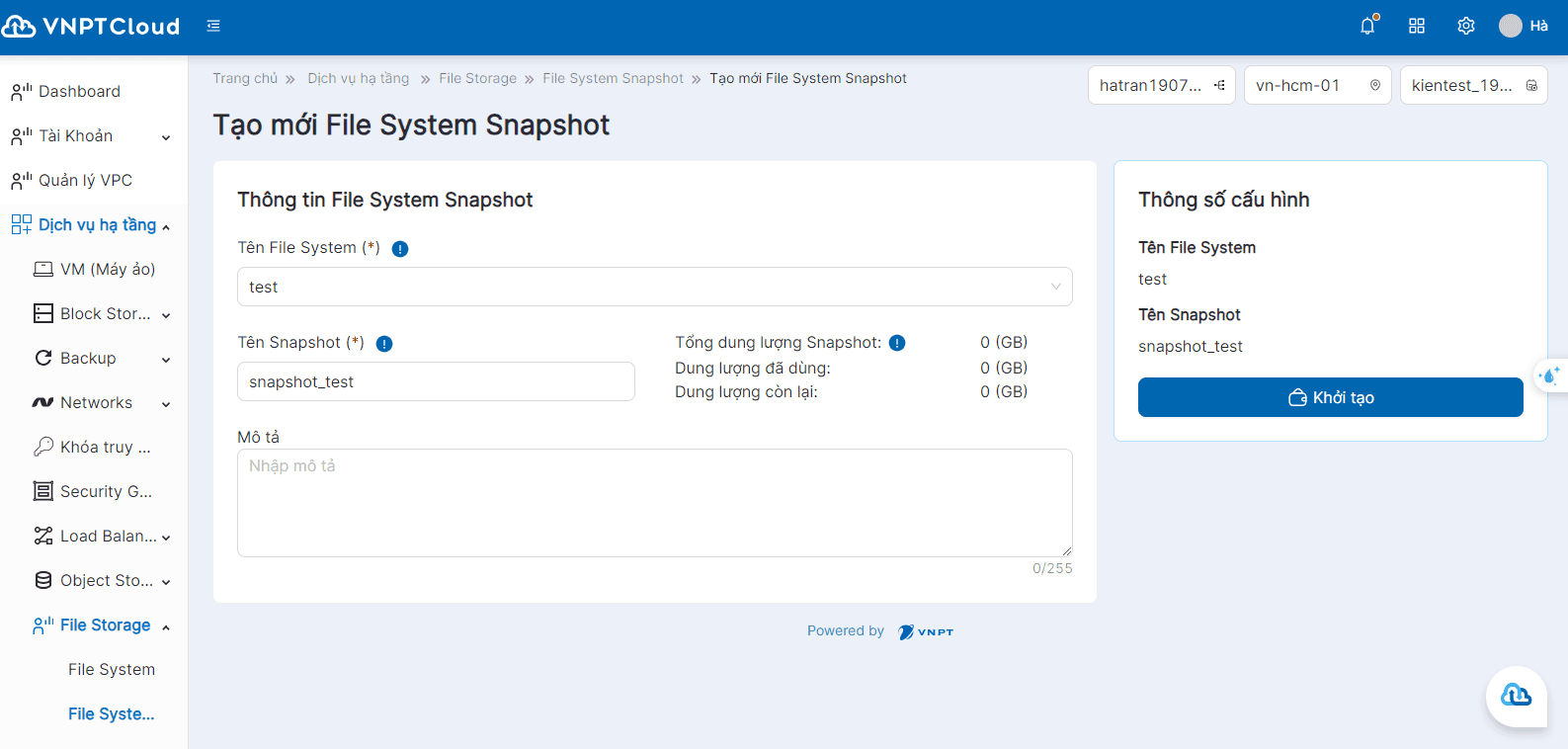 Tạo Snapshot từ File System VPC tùy biến | Tài liệu VNPT Cloud