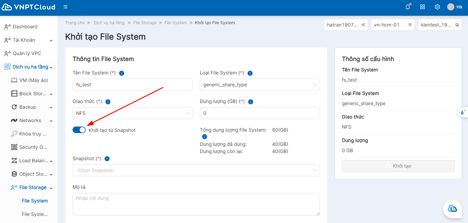Tạo File System từ Snapshot VPC tùy biến | Tài liệu VNPT Cloud