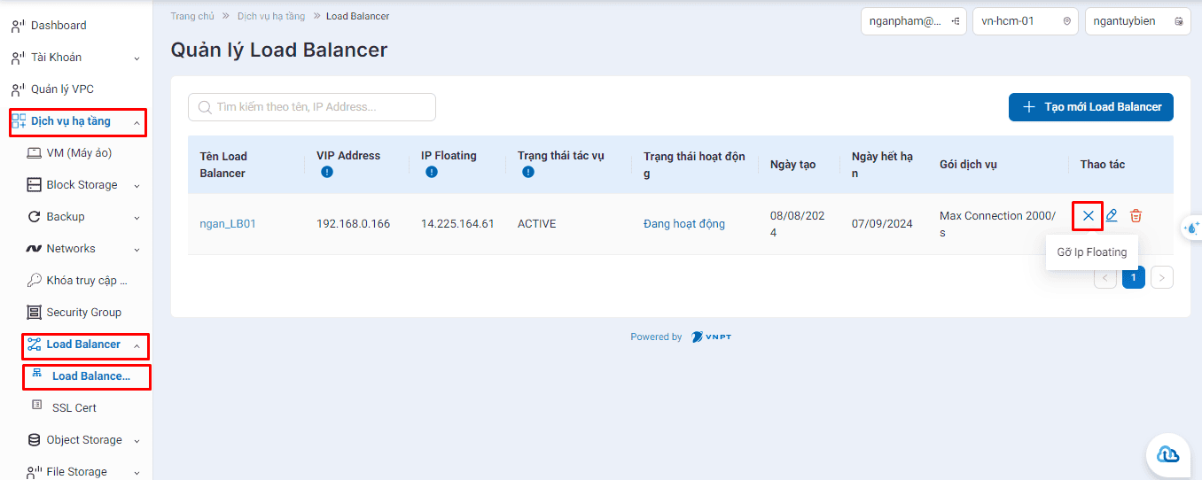 Gỡ IPFloating Load Balancer VPC tùy biến | Tài liệu VNPT Cloud