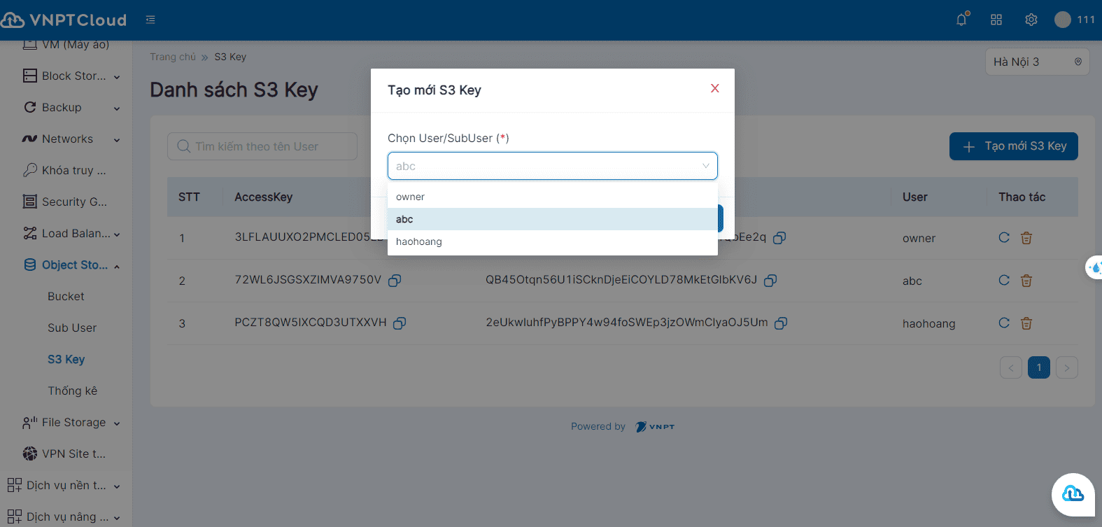 S3 Multi Key Tạo mới cặp S3 Key | Tài liệu VNPT Cloud