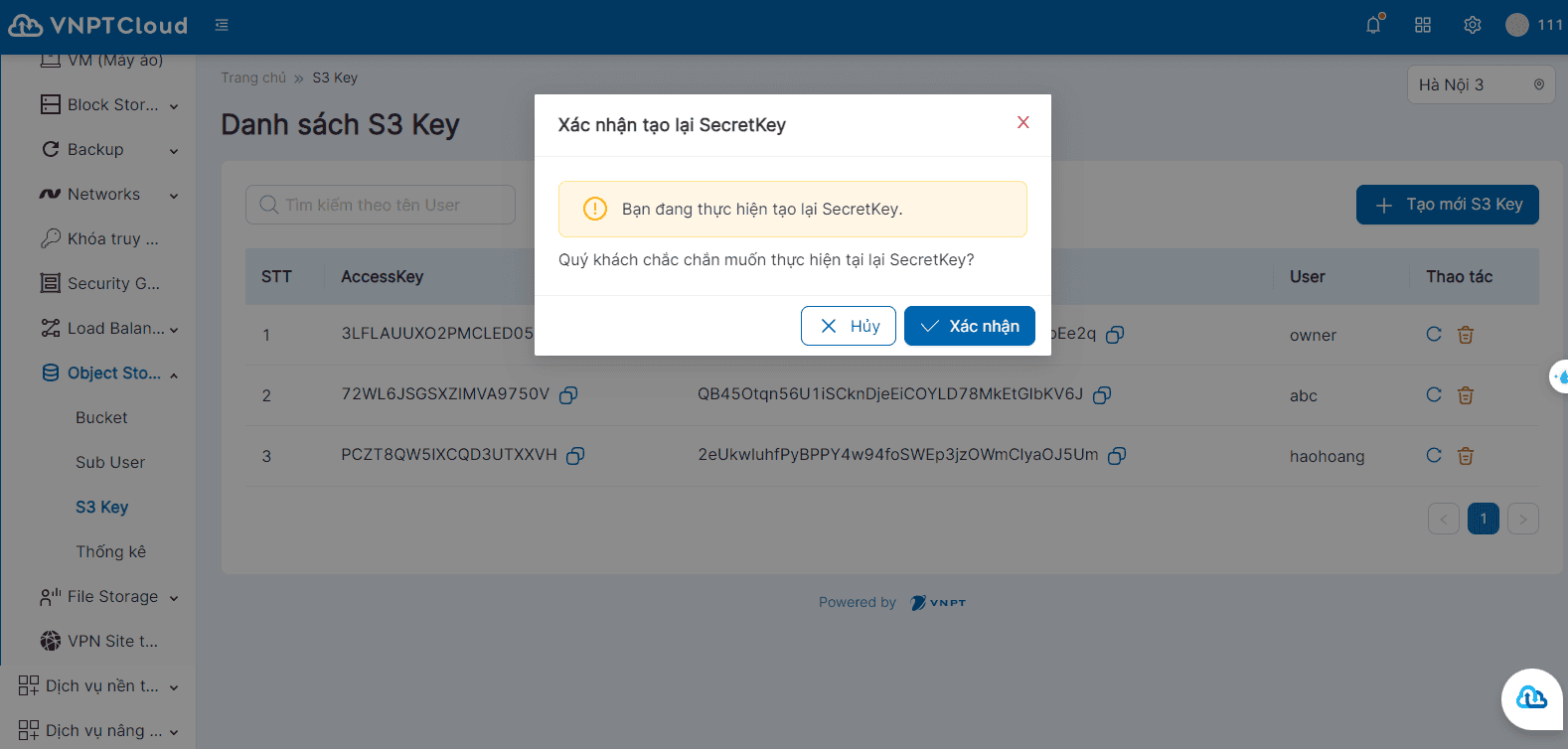 Secret Key Ui Tạo mới Secret key | Tài liệu VNPT Cloud