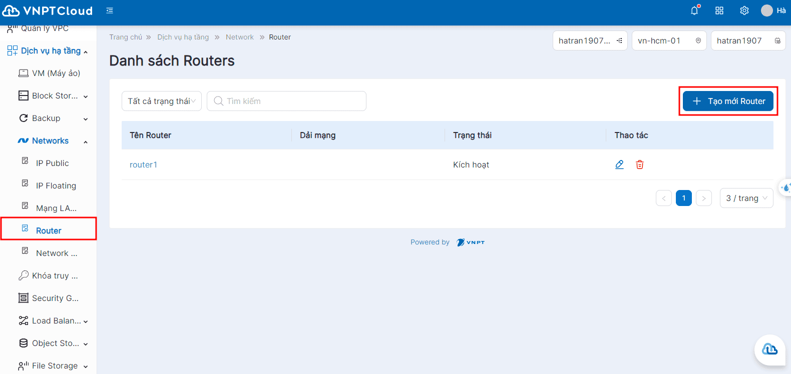 Vntt Router Tạo mới Router | Tài liệu VNPT Cloud
