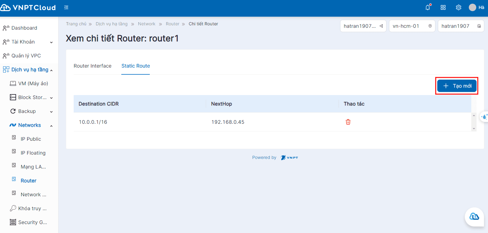 Vntt Router Tạo mới Static Router | Tài liệu VNPT Cloud